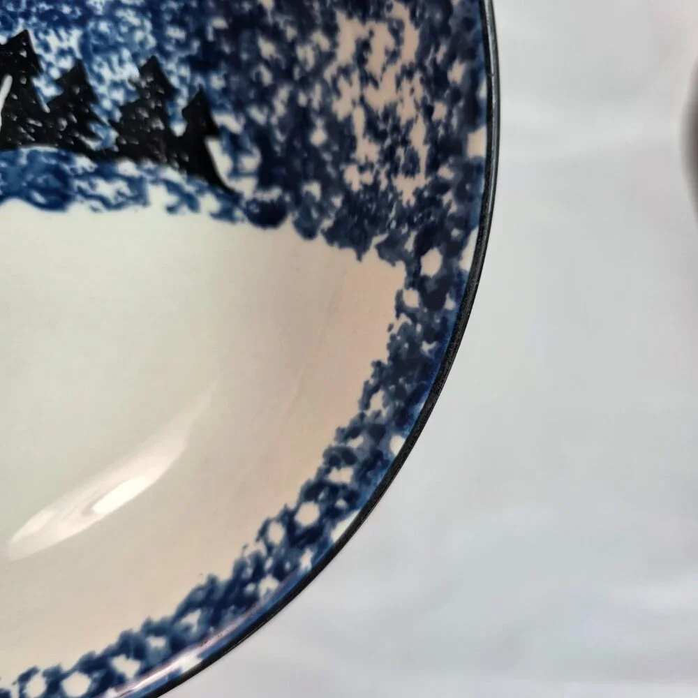 TWO Tienshan Folk Craft Wolf Coupe Cereal Bowls Blue Wolf & Sponge Rim